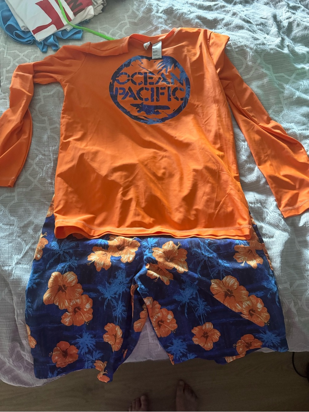OP Orange Long-Sleeve Top with Blue Floral Shorts Pajama Set